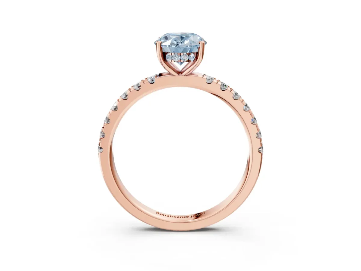 Fancy Blue Oval Cut Diamond Pave Band Solitaire Ring with Round and Prong Setting Rose gold