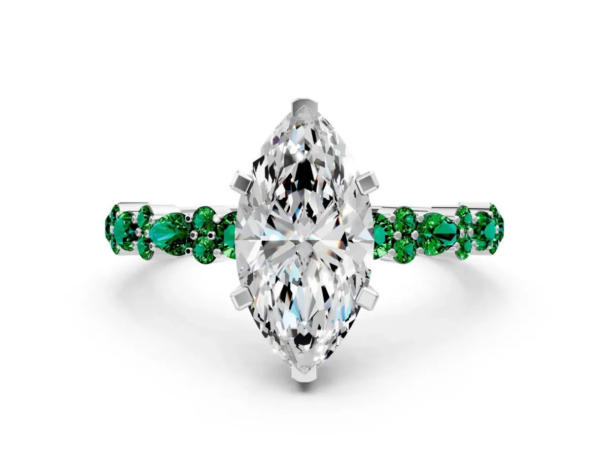Marquise Cut Diamond Side Stone Solitaire Ring with Round Emerald and Four-Prong Setting Platinum