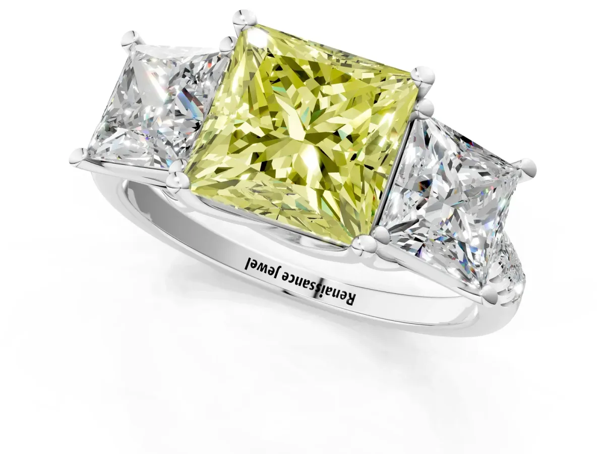 Fancy Yellow Three-Stone Princess Cut Diamond Ring with Round Pavé Band and Prong Setting Platinum