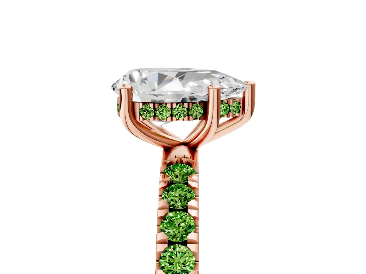 Pear Cut Diamond Pave Band Solitaire Ring with Round Peridot and Prong Setting Rose gold