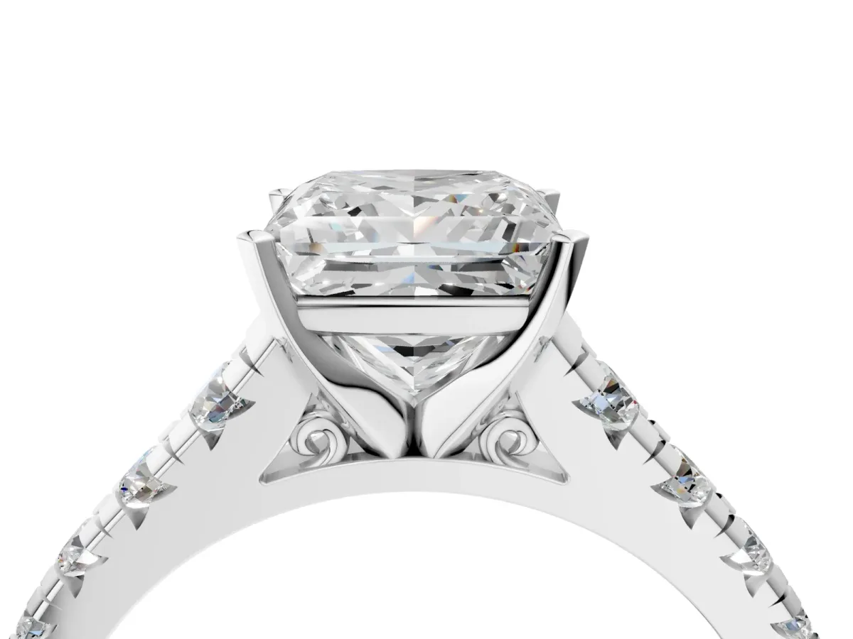 Princess Cut Diamond Cathedral Solitaire Ring with Round Pavé Band Platinum