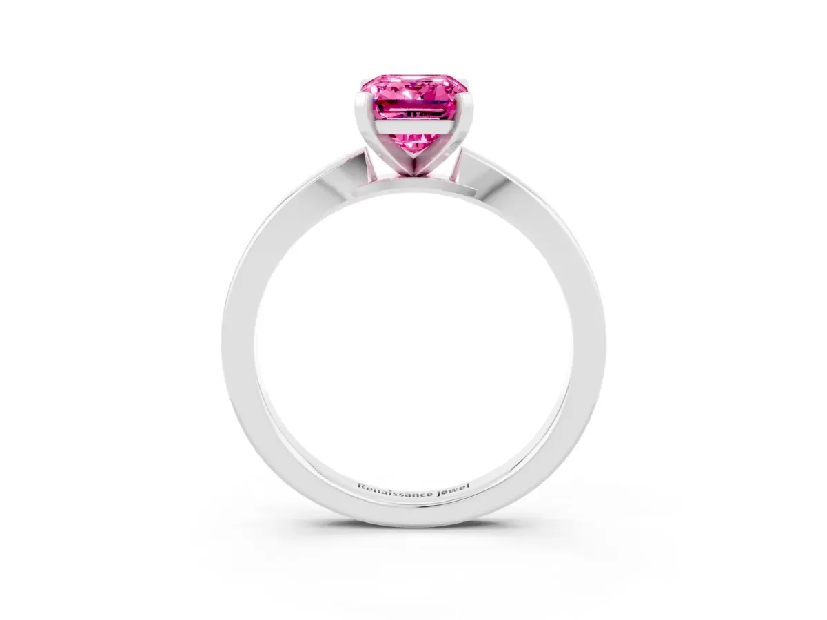 Emerald Cut Pink Sapphire Solitaire Engagement Ring with Classic Band and Four-Prong Setting Silver