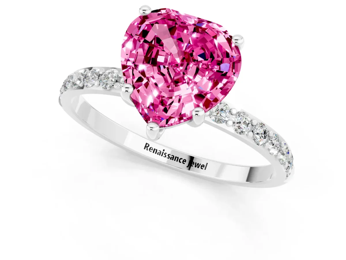 Heart Cut Pink Sapphire Solitaire Ring with Round Pavé Band and Prong Setting Platinum