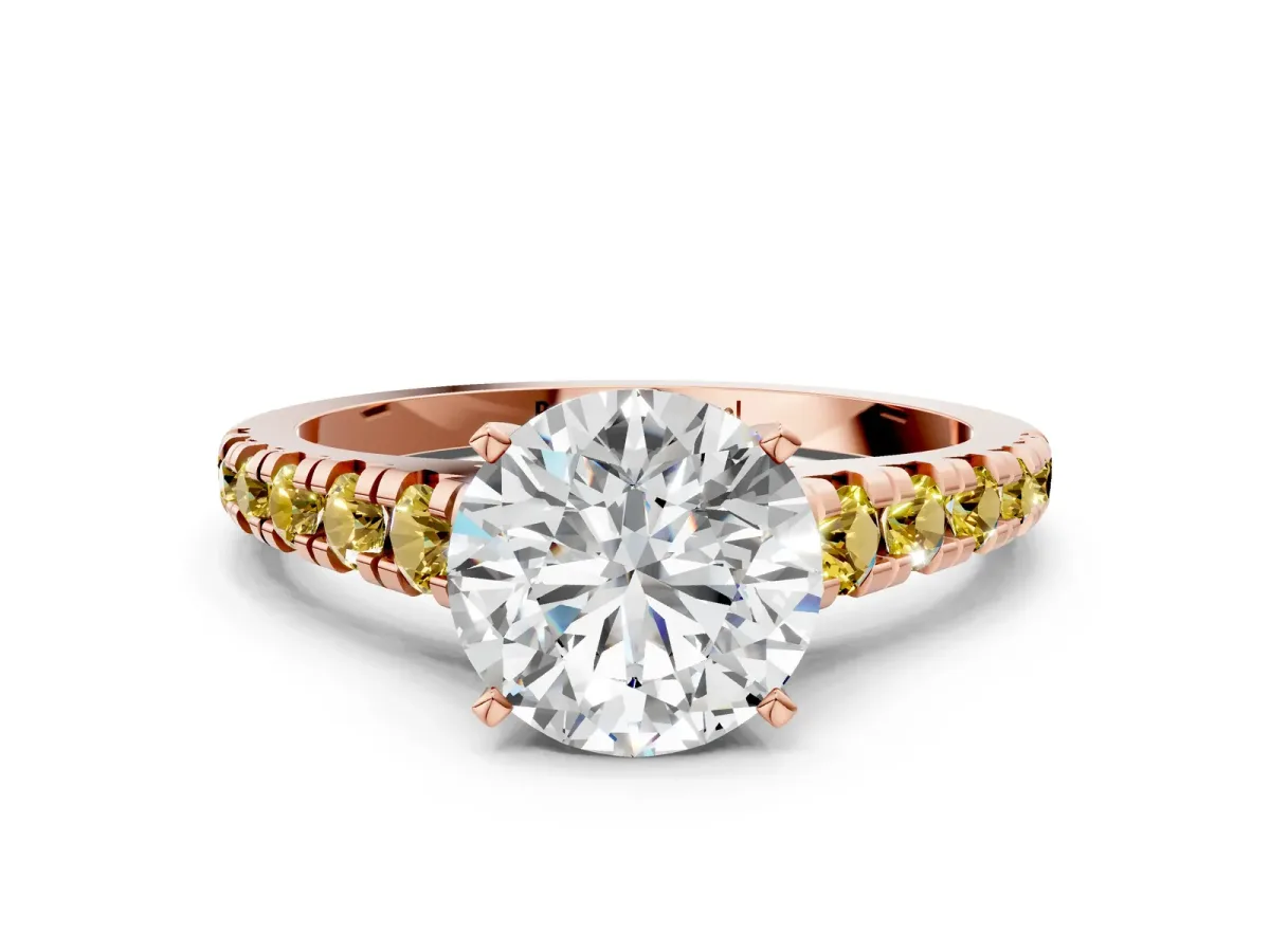 Round Cut Diamond Cathedral Solitaire Ring with Round Yellow Sapphire Pavé Band Rose gold
