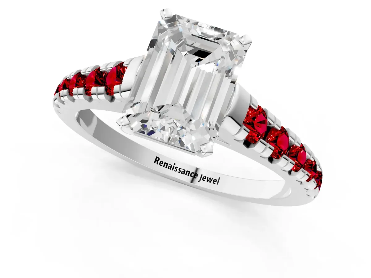 Emerald Cut Diamond Cathedral Solitaire Ring with Round Ruby Pavé Band White gold