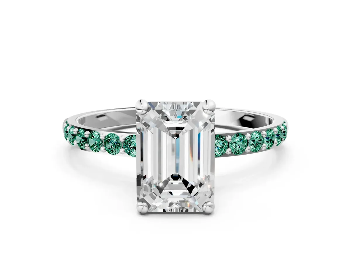 Emerald Cut Diamond Solitaire Ring with Round Green Sapphire Pavé Band and Prong Setting Silver