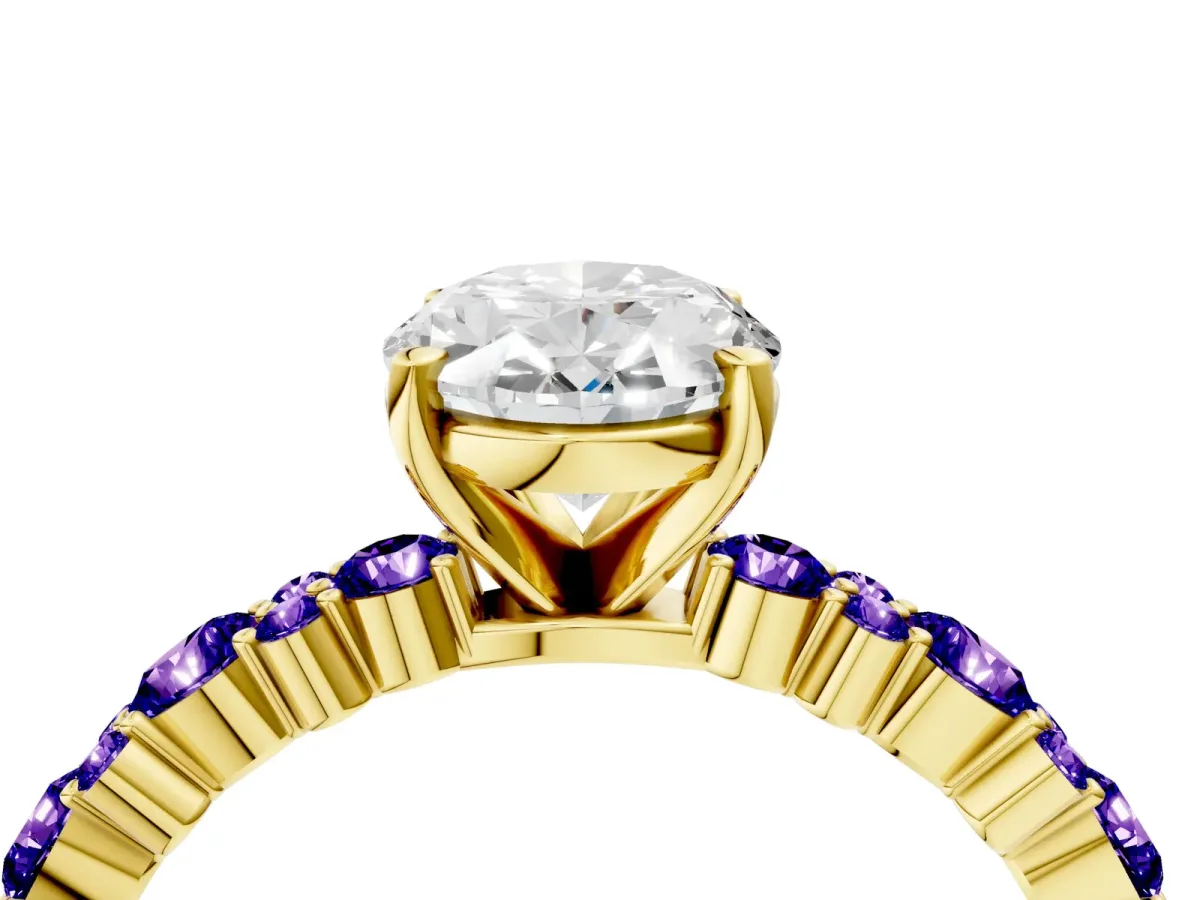 Oval Cut Diamond Side Stone Solitaire Ring with Round Tanzanite and Four-Prong Setting Yellow gold