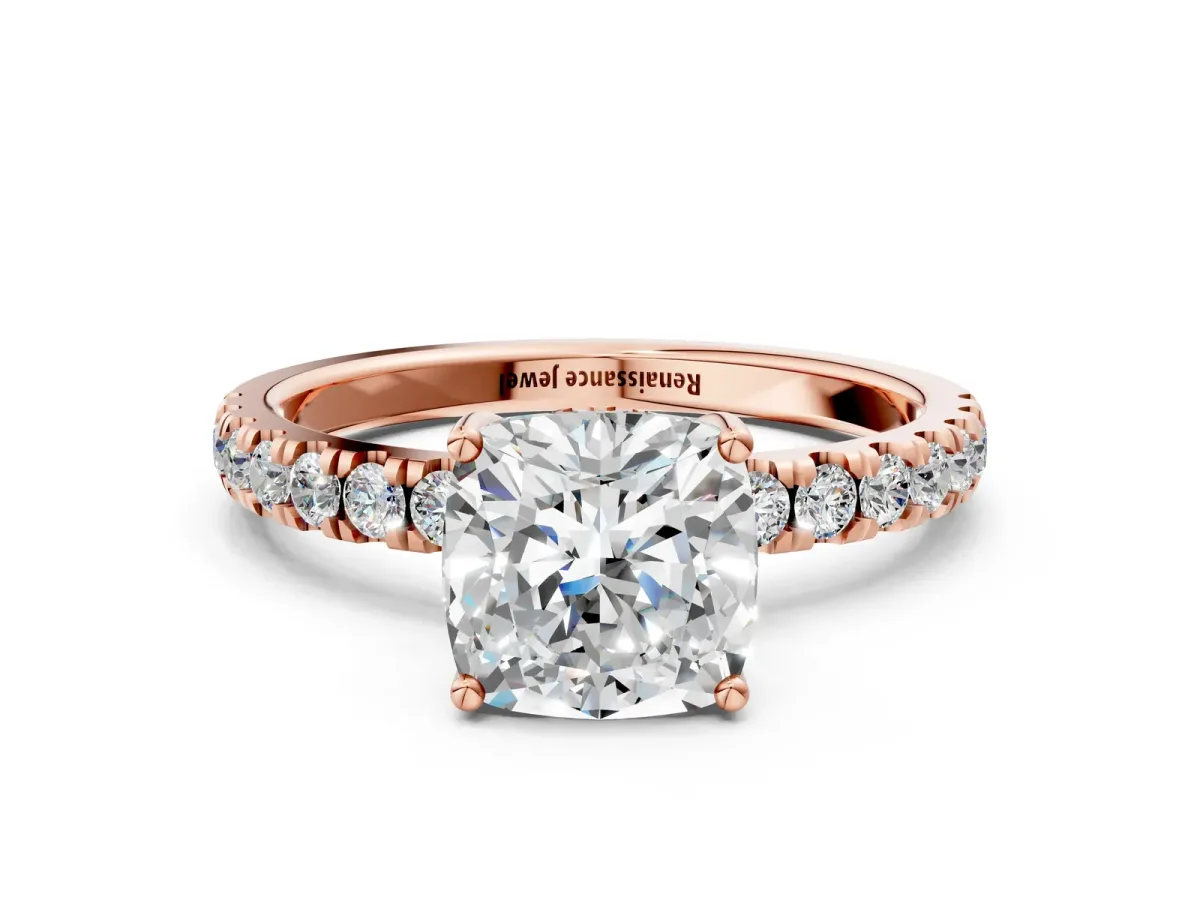 Cushion Cut Diamond Pave Band Solitaire Ring with Round and Prong Setting Rose gold
