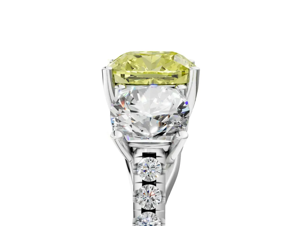 Fancy Yellow Three-Stone Cushion Cut Diamond Ring with Round Pavé Band and Prong Setting Silver