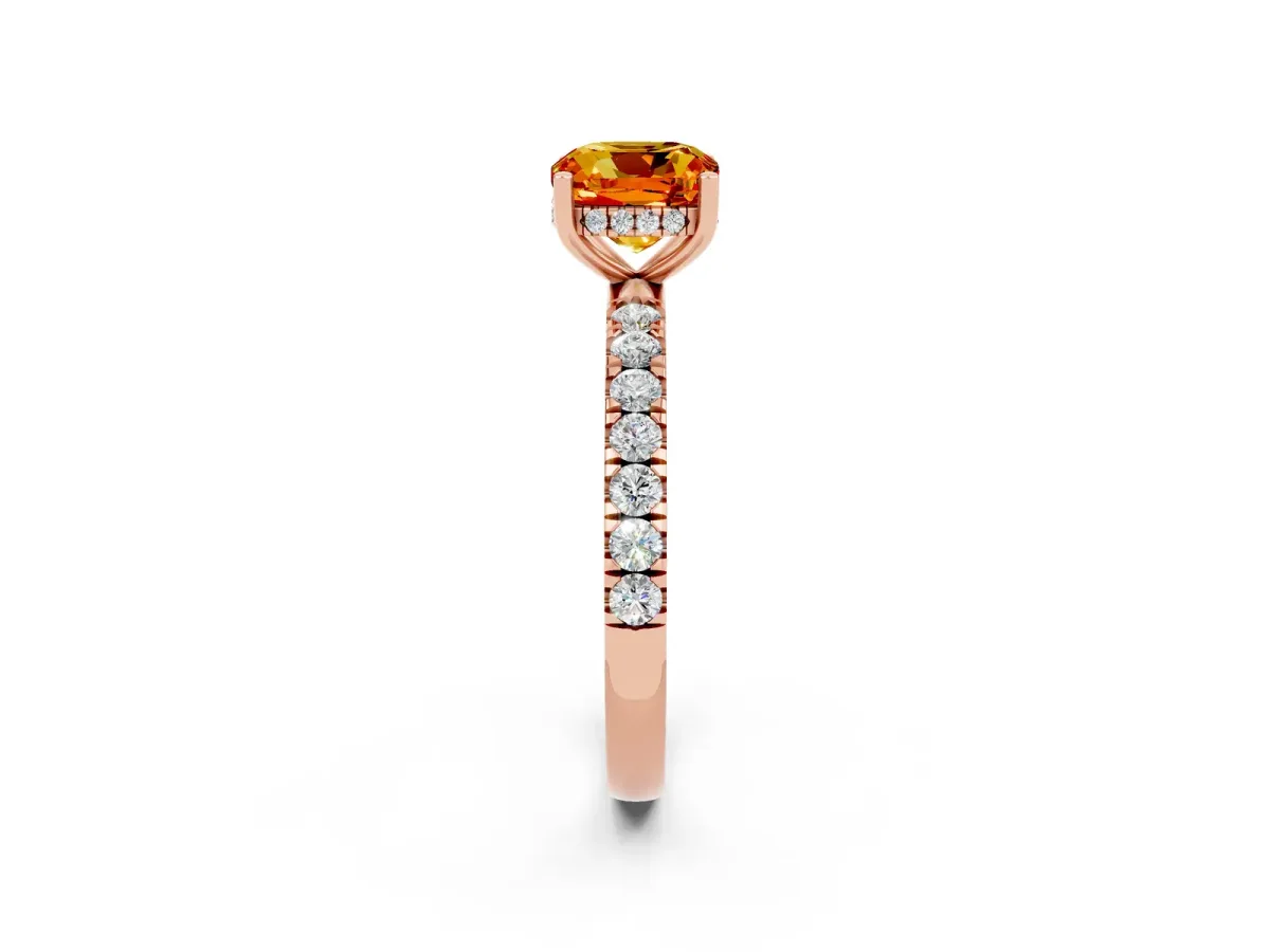 Cushion Cut Citrine Pave Band Solitaire Ring with Round and Prong Setting Rose gold