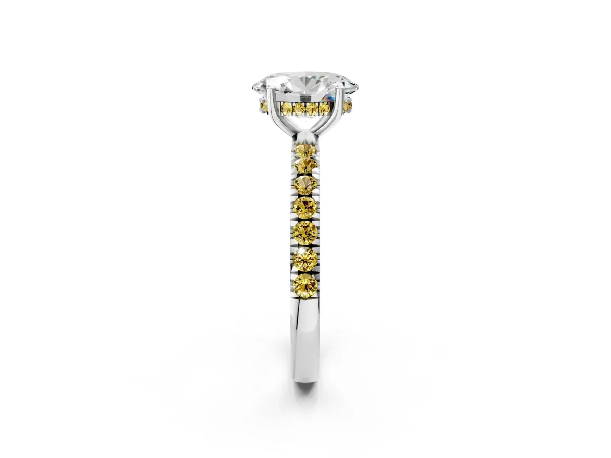 Oval Cut Diamond Pave Band Solitaire Ring with Round Yellow Sapphire and Prong Setting Platinum