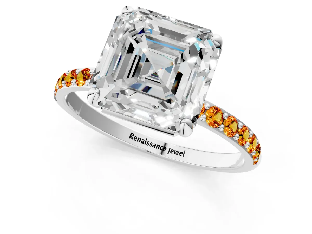 Asscher Cut Diamond Solitaire Ring with Round Citrine Pavé Band and Prong Setting White gold