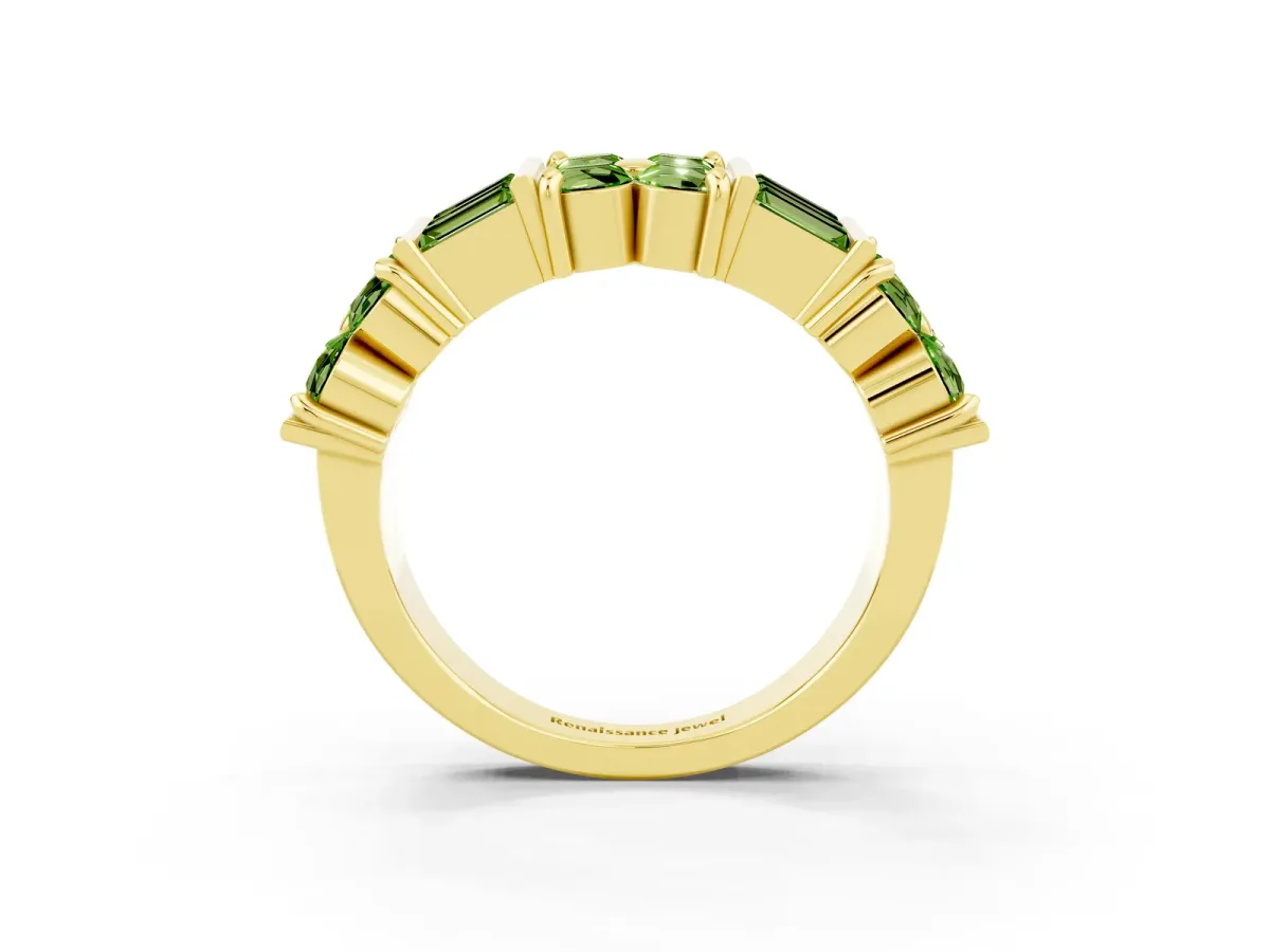 Channel Set Round and Baguette Peridot Anniversary Band with Prong Setting Yellow gold