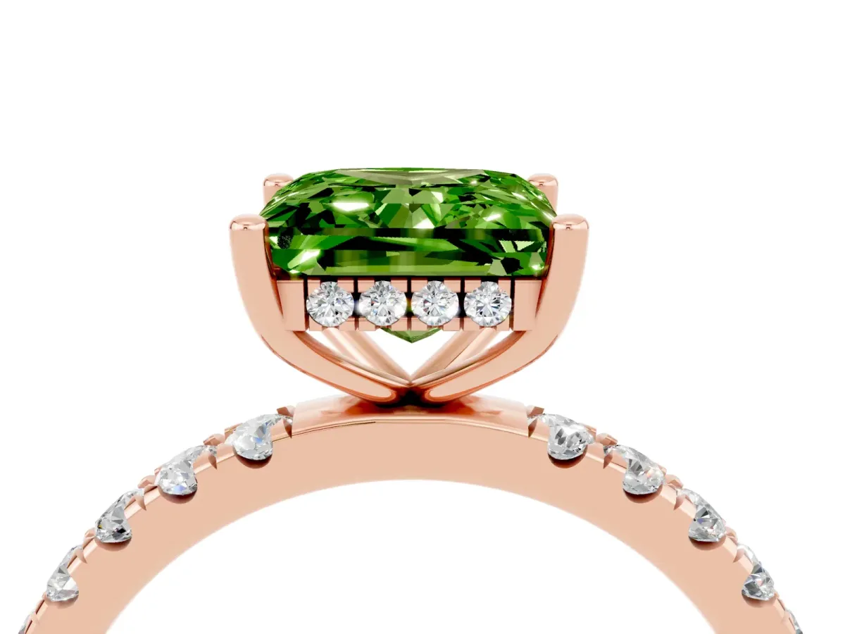 Princess Cut Peridot Pave Band Solitaire Ring with Round and Prong Setting Rose gold