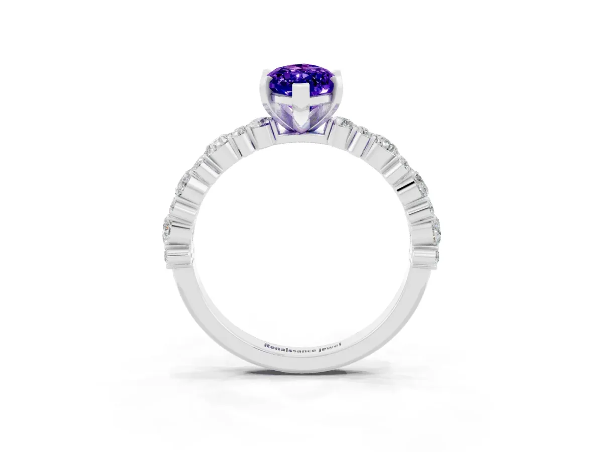 Marquise Cut Tanzanite Side Stone Solitaire Ring with Round and Four-Prong Setting White gold