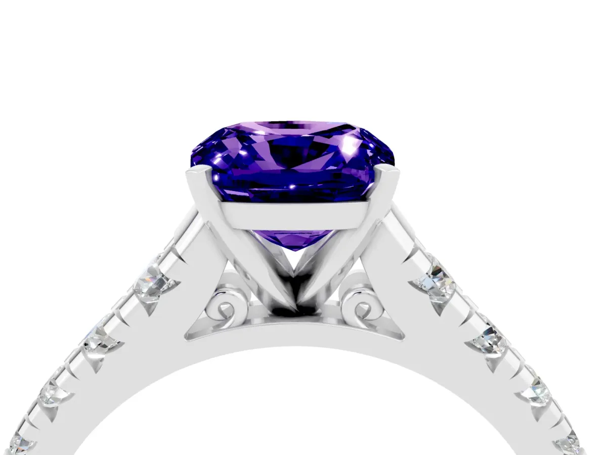 Cushion Cut Tanzanite Cathedral Solitaire Ring with Round Pavé Band Platinum