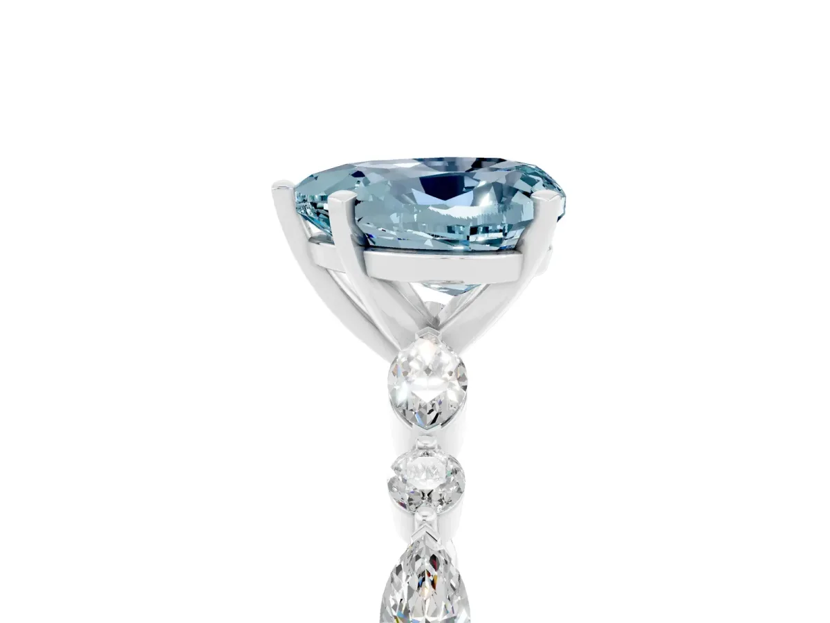 Heart Cut Aquamarine Ring with Marquise and Round Side Stones and Four-Prong Setting Platinum