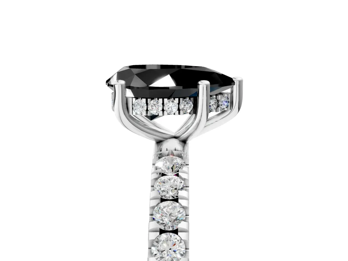 Fancy Black Pear Cut Diamond Pave Band Solitaire Ring with Round and Prong Setting Platinum