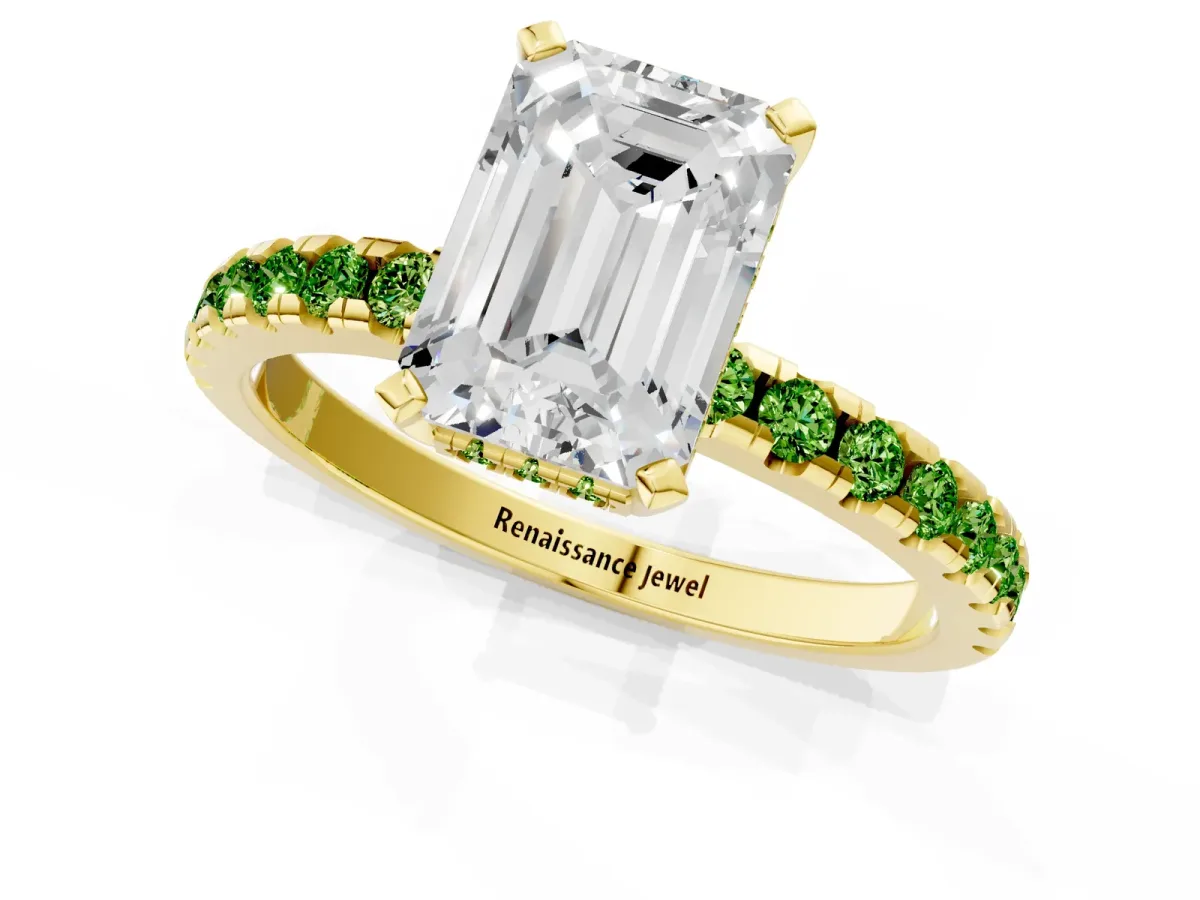 Emerald Cut Diamond Solitaire Ring with Round Peridot Pavé Band and Four-Prong Setting Yellow gold
