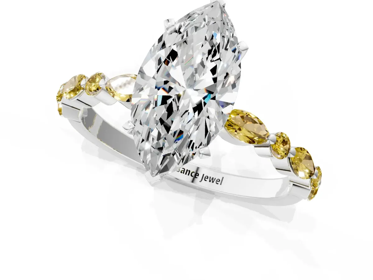 Marquise Cut Diamond Ring with Marquise and Round Yellow Sapphire Side Stones and Four-Prong Setting Silver