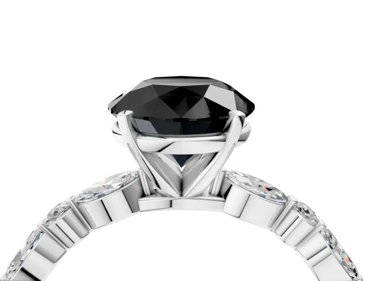 Fancy Black Round Cut Diamond Ring with Marquise and Round Side Stones and Four-Prong Setting Silver