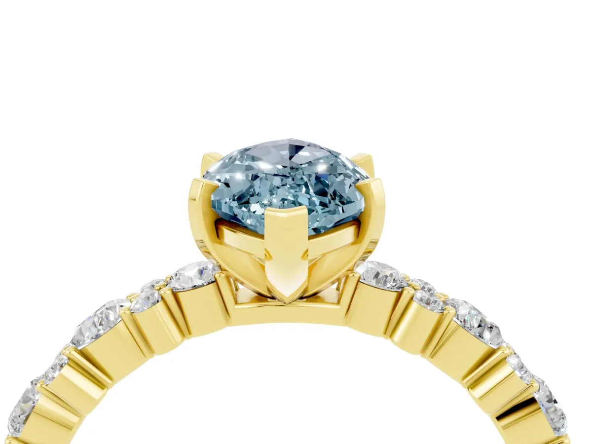 Marquise Cut Aquamarine Side Stone Solitaire Ring with Round and Four-Prong Setting Yellow gold