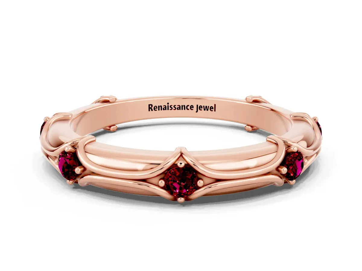 Round Garnet Prong Set Milgrain Eternity Band Rose gold