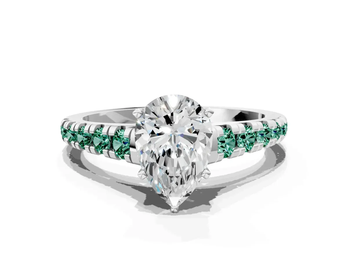 Pear Cut Diamond Cathedral Solitaire Ring with Round Green Sapphire Pavé Band Silver