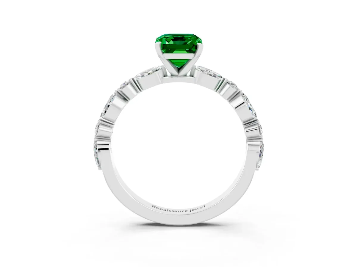 Emerald Cut Emerald Ring with Marquise and Round Side Stones and Four-Prong Setting Platinum
