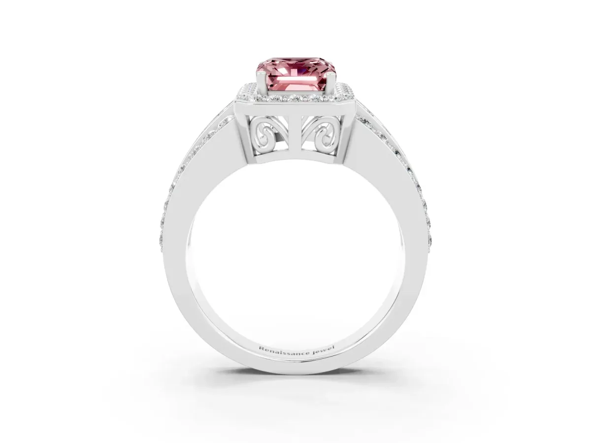 Emerald Cut Halo Morganite Ring with Round Split Shank and Prong Setting White gold