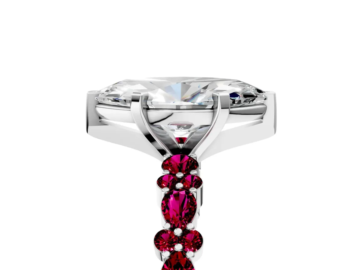 Marquise Cut Diamond Side Stone Solitaire Ring with Round Garnet and Four-Prong Setting Platinum
