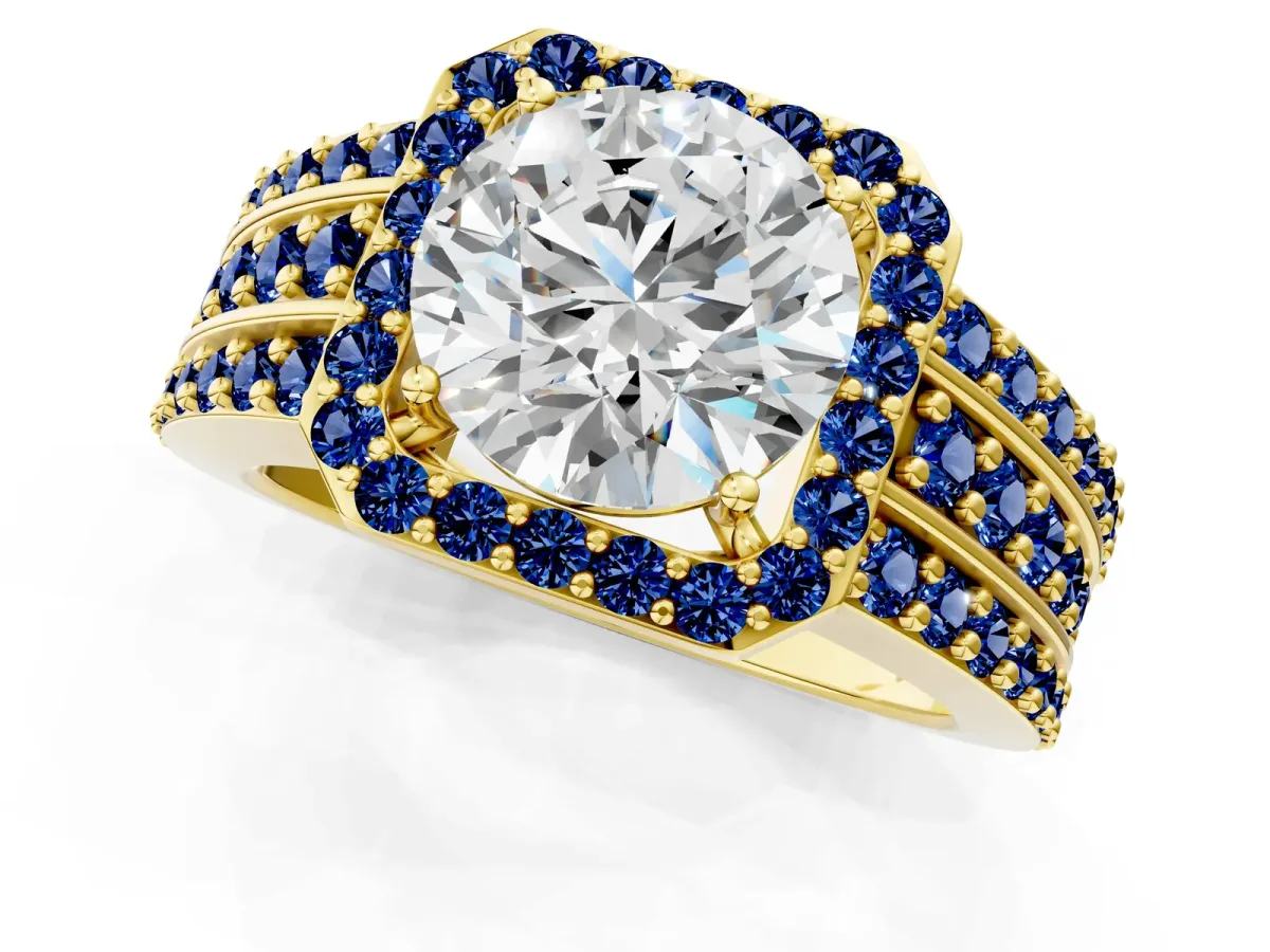 Round Cut Halo Diamond Ring with Round Blue Sapphire Split Shank and Prong Setting Yellow gold
