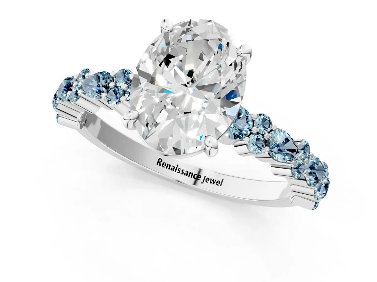 Oval Cut Diamond Side Stone Solitaire Ring with Round Aquamarine and Four-Prong Setting White gold