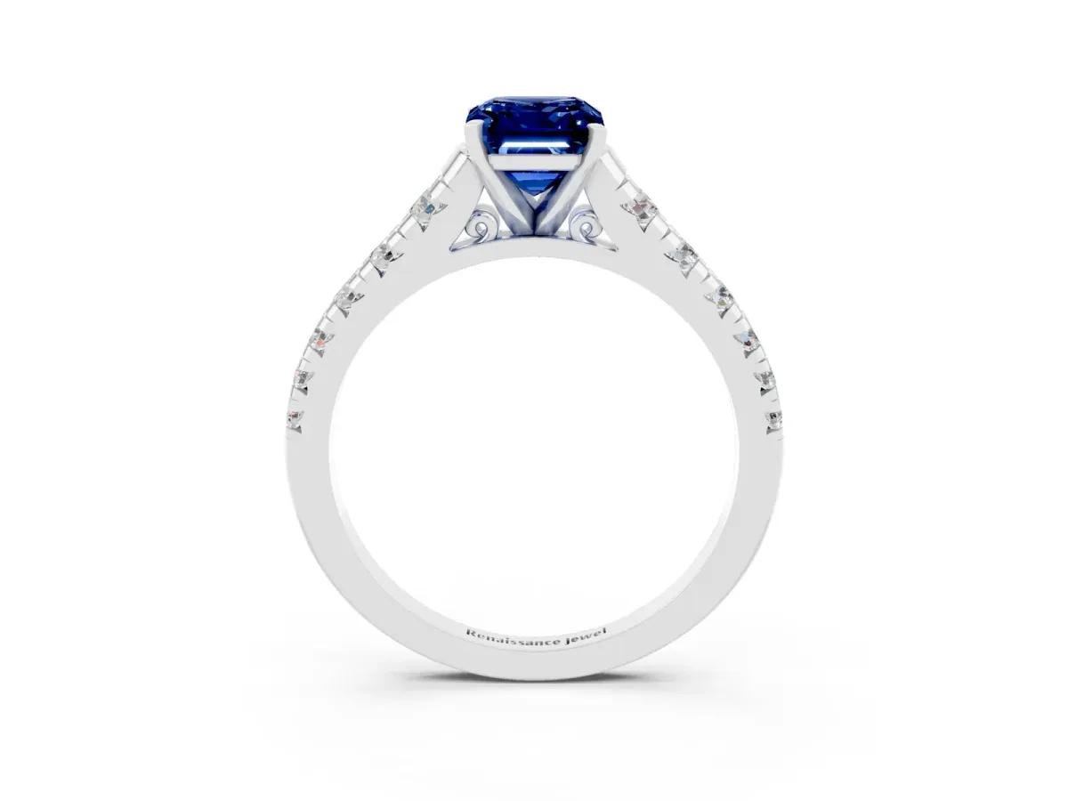 Emerald Cut Blue Sapphire Cathedral Solitaire Ring with Round Pavé Band Platinum