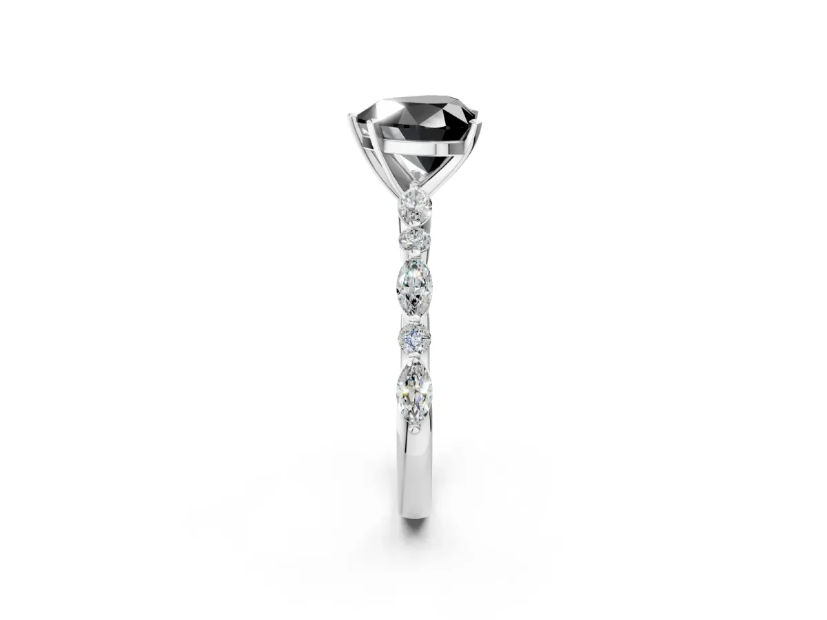 Fancy Black Heart Cut Diamond Ring with Marquise and Round Side Stones and Four-Prong Setting Silver
