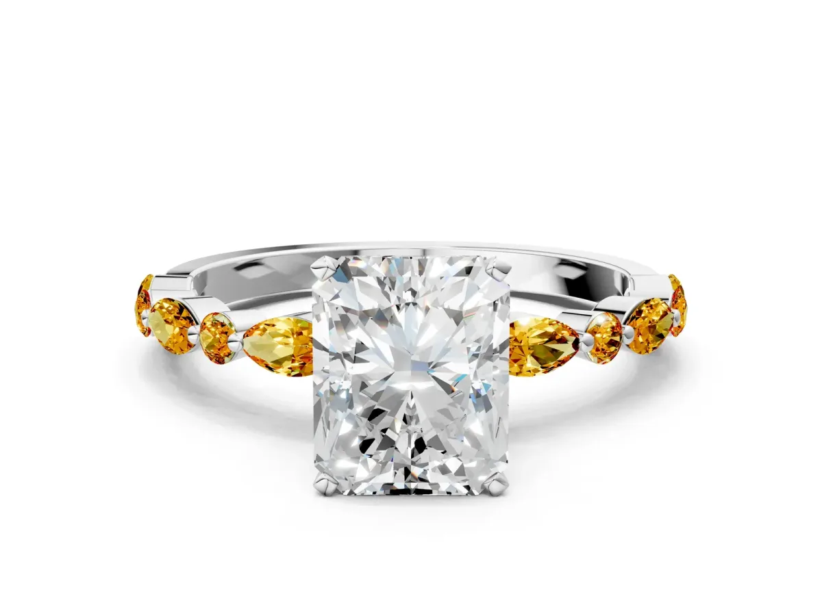 Radiant Cut Diamond Ring with Marquise and Round Citrine Side Stones and Four-Prong Setting Silver