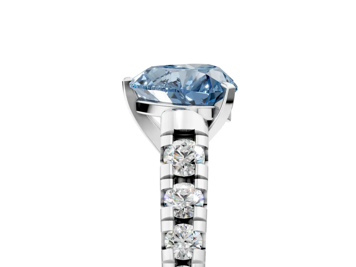Fancy Blue Heart Cut Diamond Cathedral Solitaire Ring with Round Pavé Band White gold