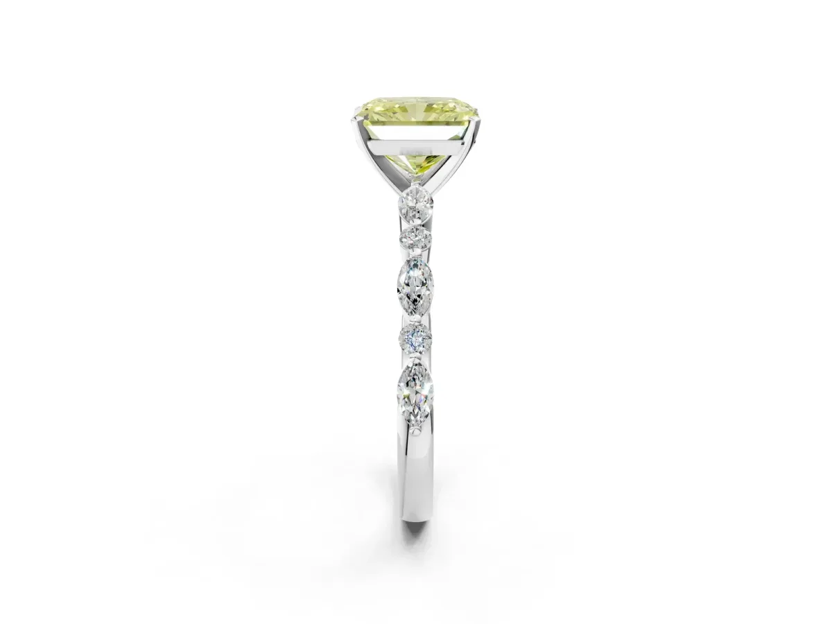 Fancy Yellow Radiant Cut Diamond Ring with Marquise and Round Side Stones and Four-Prong Setting Silver