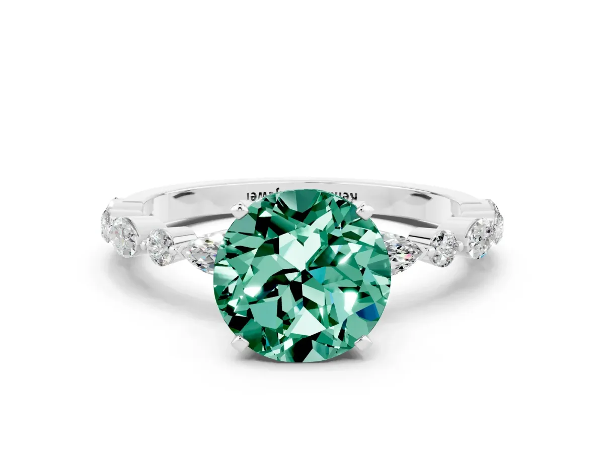 Round Cut Green Sapphire Ring with Marquise and Round Side Stones and Four-Prong Setting Silver