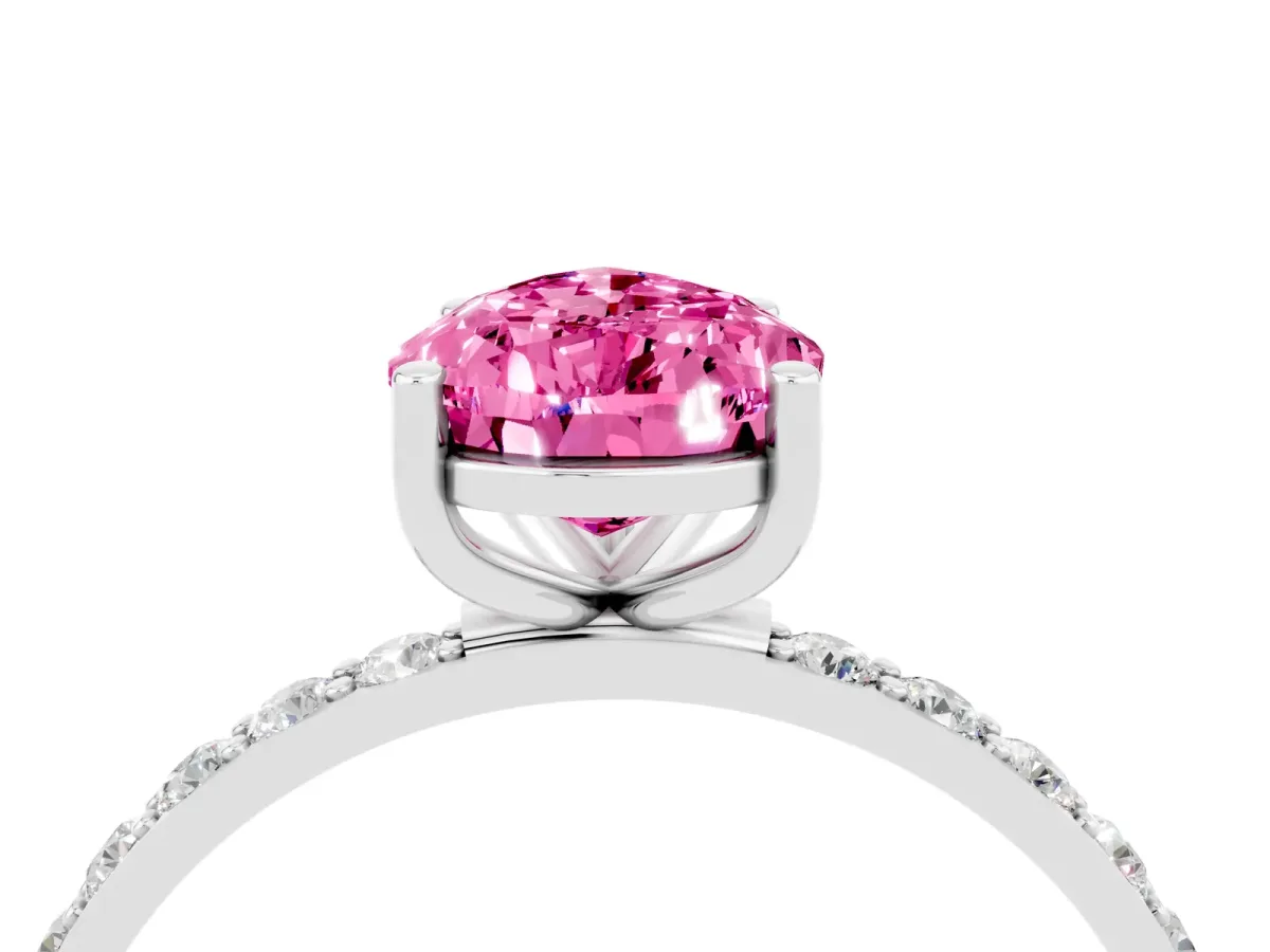 Pear Cut Pink Sapphire Solitaire Ring with Round Pavé Band and Prong Setting Silver