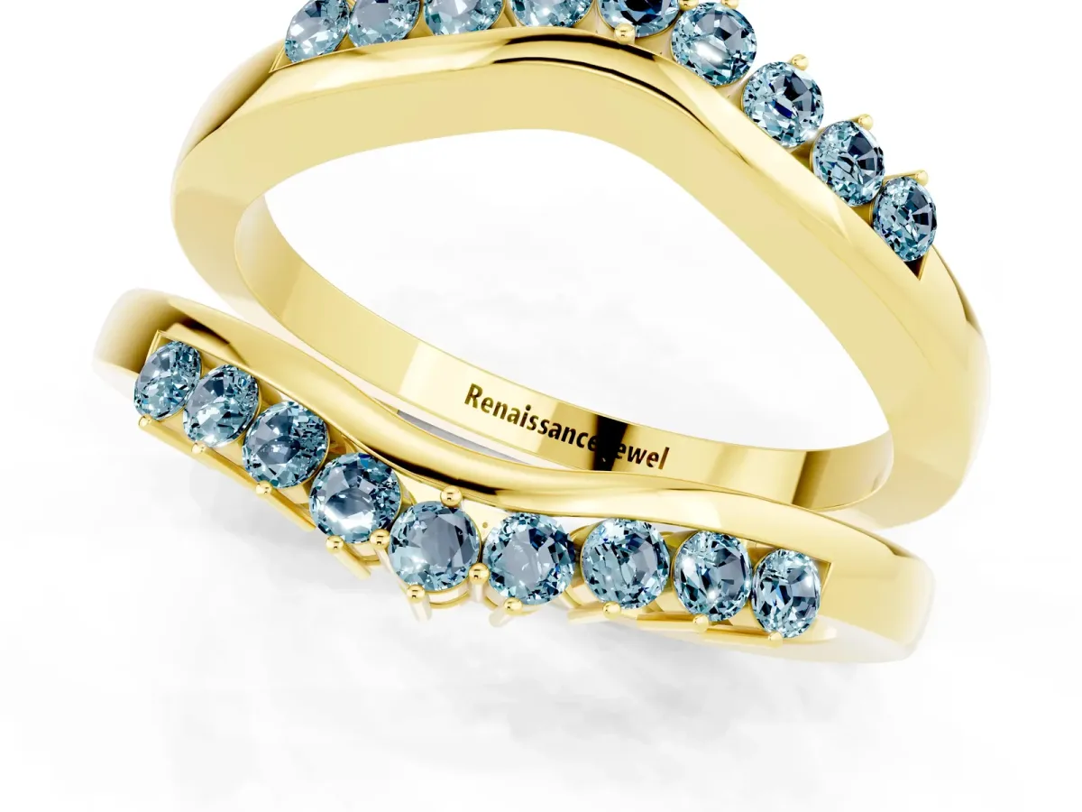 Round Aquamarine Chevron Contour Band with Prong Setting Yellow gold