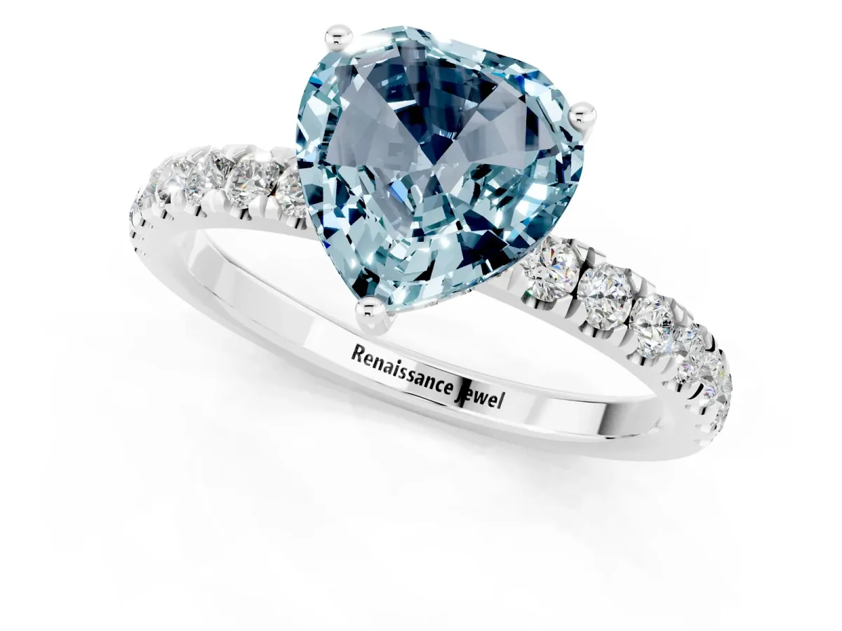 Heart Cut Aquamarine Pave Band Solitaire Ring with Round and Prong Setting Platinum