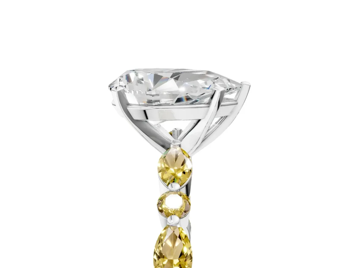 Pear Cut Diamond Ring with Marquise and Round Yellow Sapphire Side Stones and Four-Prong Setting Silver