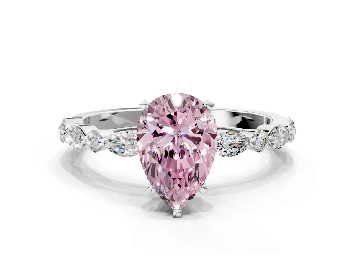 Fancy Pink Pear Cut Diamond Ring with Marquise and Round Side Stones and Four-Prong Setting Platinum