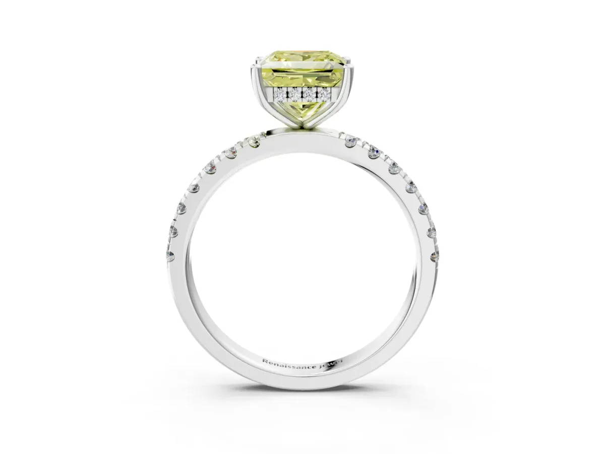 Fancy Yellow Princess Cut Diamond Pave Band Solitaire Ring with Round and Prong Setting Silver