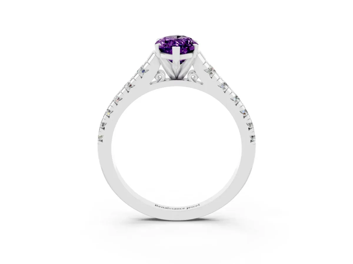 Marquise Cut Amethyst Cathedral Solitaire Ring with Round Pavé Band Platinum