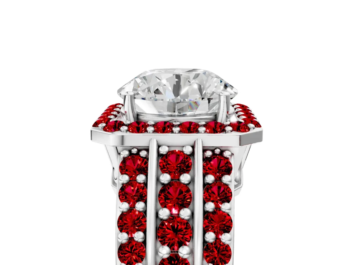 Round Cut Halo Diamond Ring with Round Ruby Split Shank and Prong Setting Platinum
