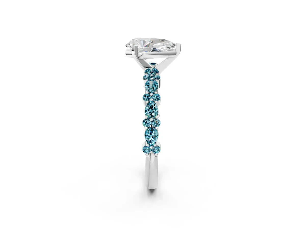 Pear Cut Diamond Side Stone Solitaire Ring with Round Blue Topaz and Four-Prong Setting Platinum