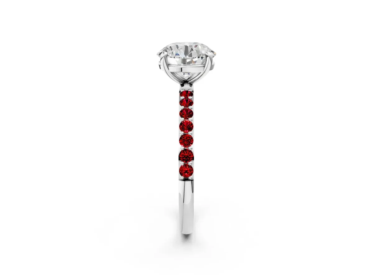 Round Cut Diamond Solitaire Ring with Round Ruby Pavé Band and Prong Setting White gold