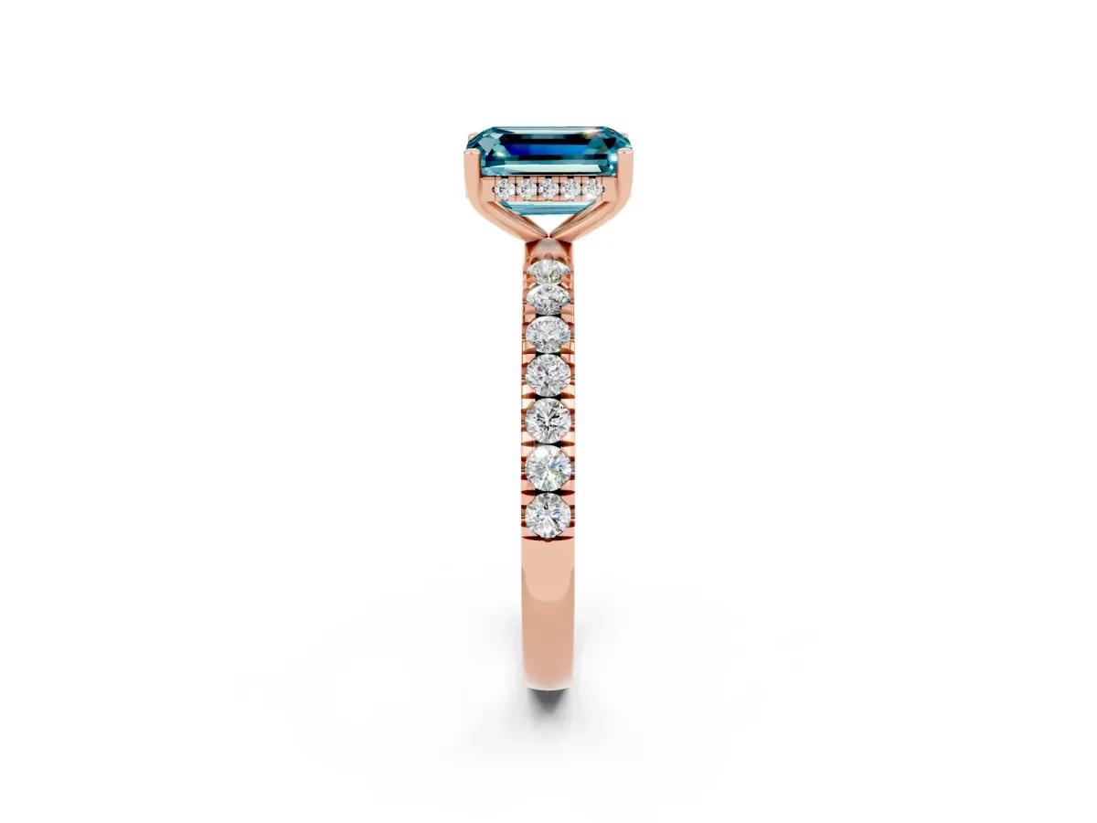 Emerald Cut Blue Topaz Pave Band Solitaire Ring with Round and Prong Setting Rose gold